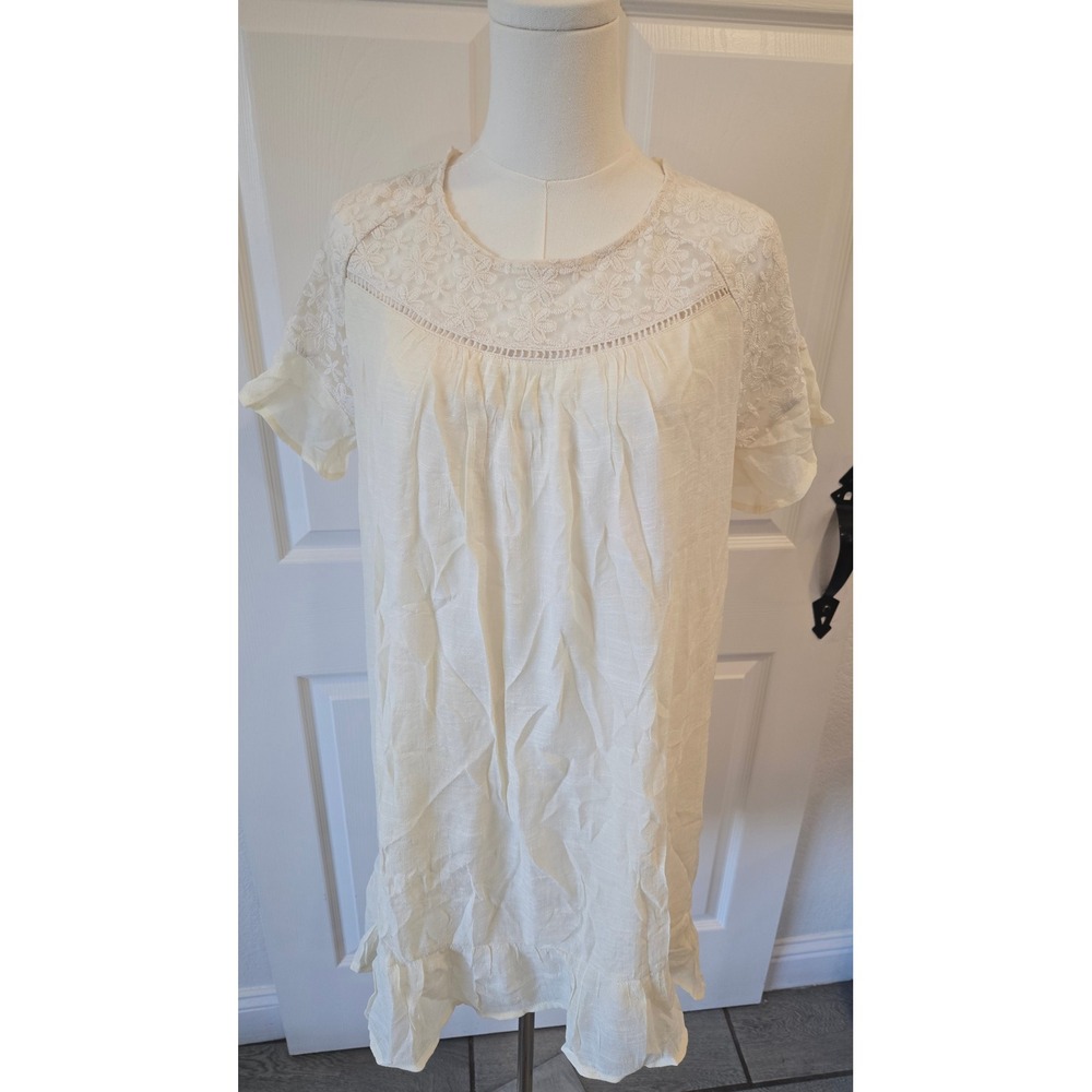 NWT Umgee‎ Cream Lace Trim Short Sleeve Tunic Dress Women's Size Medium